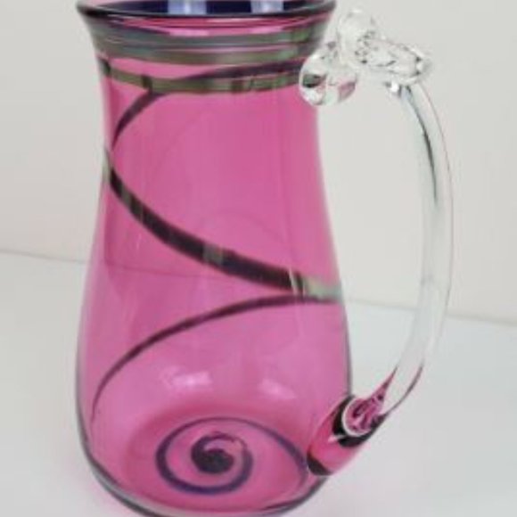 Hand Blown Pitcher 7" Shelve Art Glass Pink Silver Swirl Water Lemonade Juice - Picture 5 of 11